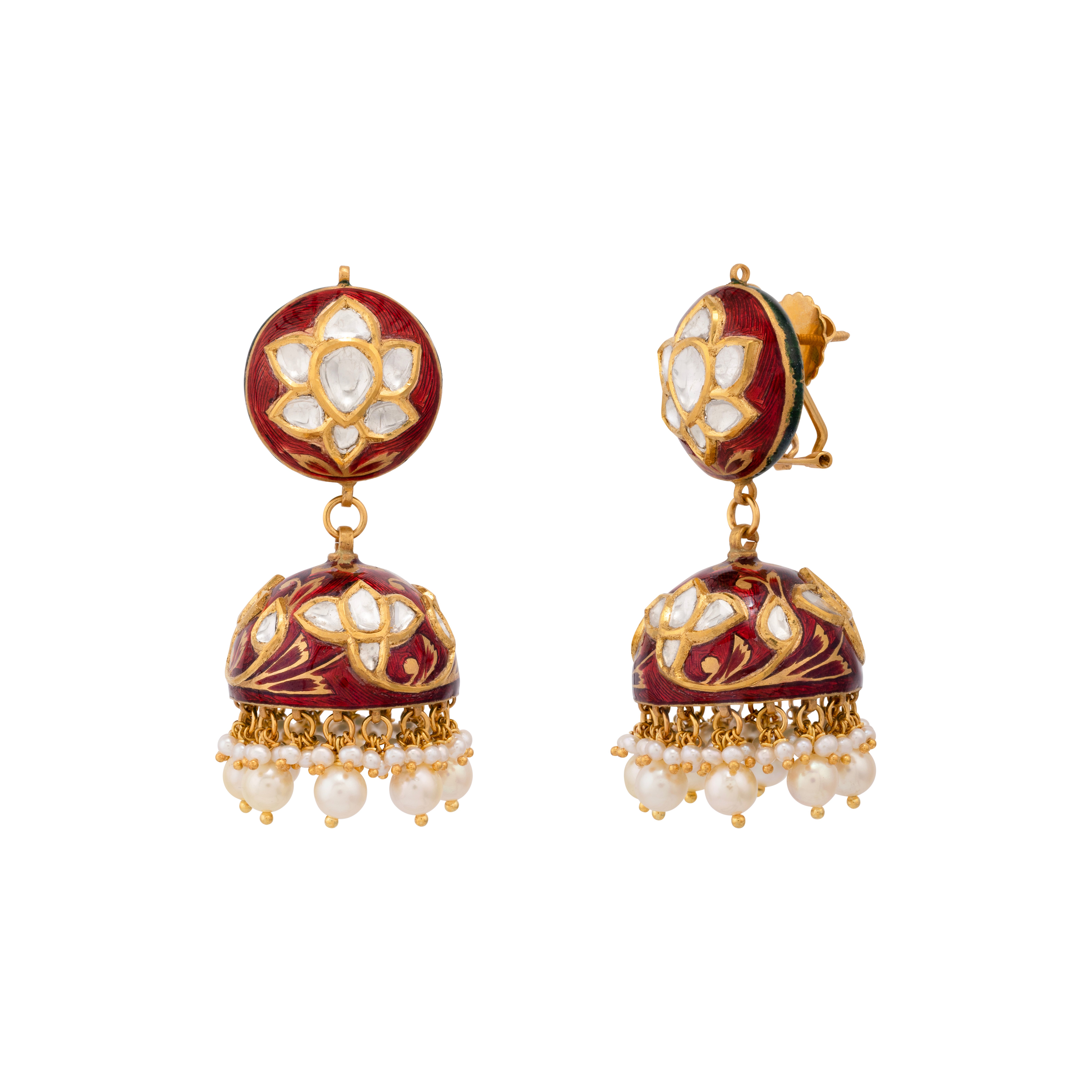Floral Polki Jhumki with Red Enamel and Pearl Drops
